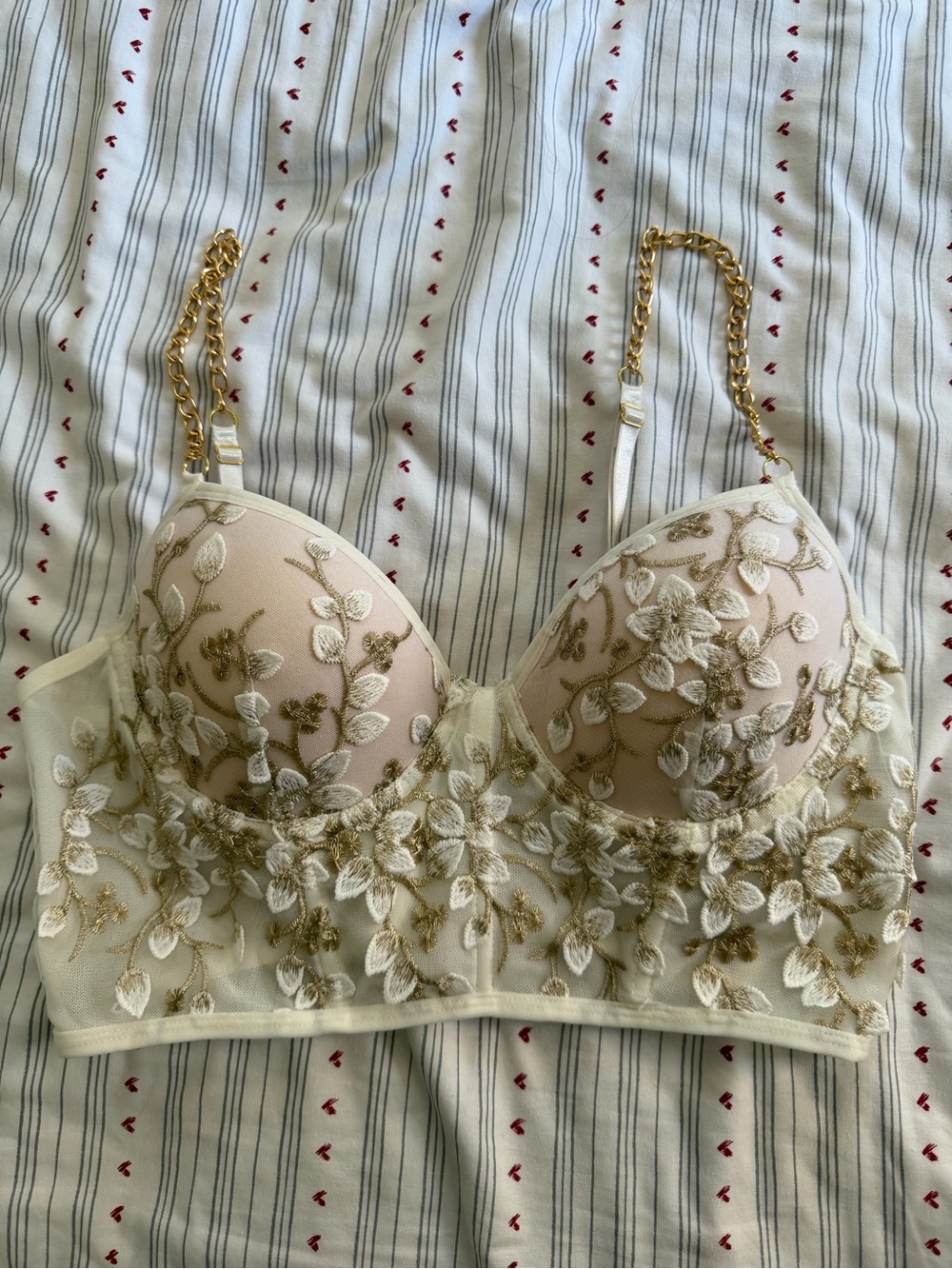 SHEIN Cream and Gold Floral Embroidered Longline Bralette with Chain Straps
